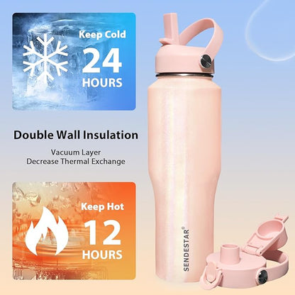 SENDESTAR 40oz Stainless Steel Water Bottle(Cold for 48 Hrs, Hot for 24 Hrs),Double Wall Vacuum Insulated Bottle with Straw Lid, Spout Lid and Flex Cap, Fit in Any Car Cup Holder TXIN-40-Laser Pink