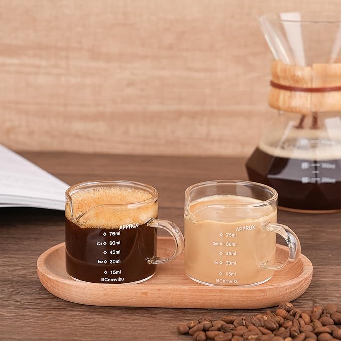 BCnmviku 4 PACK Espresso Glass Measuring Cup Triple Pitcher Milk Cup 75ML Espresso Cups with Handle Shot Glass with V-Shaped Mouth Clear Accessories Milk Frothing Pitcher (4)