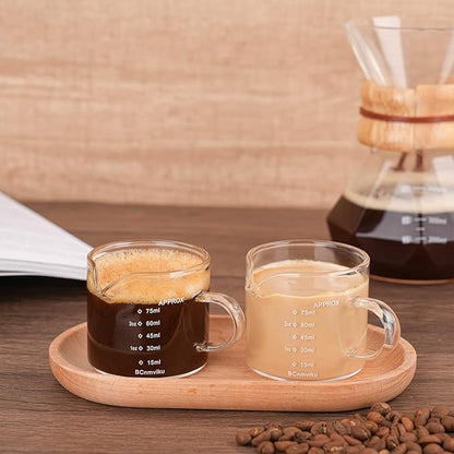 BCnmviku 4 PACK Espresso Glass Measuring Cup Triple Pitcher Milk Cup 75ML Espresso Cups with Handle Shot Glass with V-Shaped Mouth Clear Accessories Milk Frothing Pitcher (4)