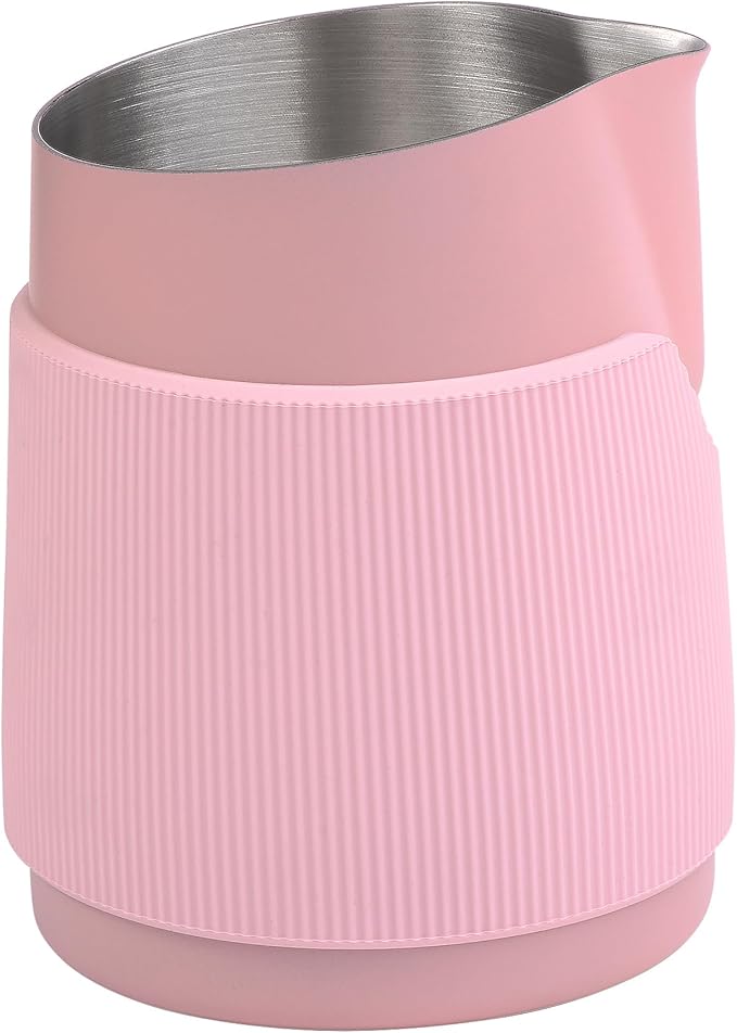 Normcore Handleless Milk Frothing Jug, Milk Pitcher 15.2 oz, Milk Frother Steamer Cup Stainless Steel Espresso Cup, Round Spout, Pink, 450 ml