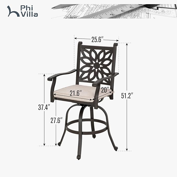 PHI VILLA Outdoor Swivel Bar Stools Set of 4, Cast Aluminum Patio Pub Height Bar Stool & Chairs with Seat Cushion