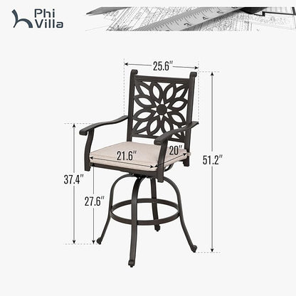 PHI VILLA Outdoor Swivel Bar Stools Set of 4, Cast Aluminum Patio Pub Height Bar Stool & Chairs with Seat Cushion