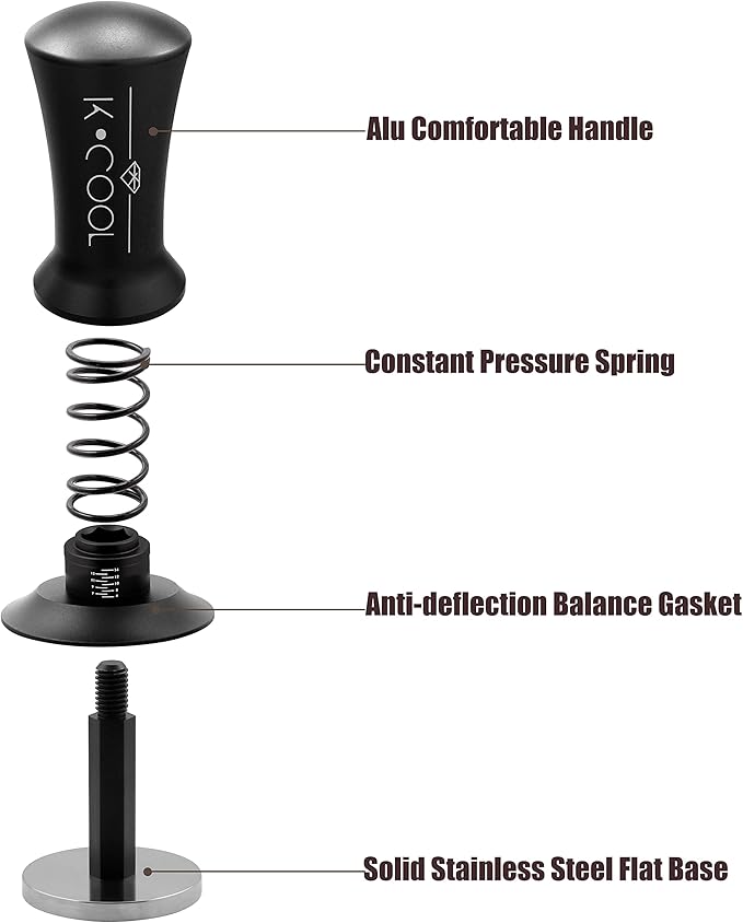 K COOL 51mm Coffee Espresso Tamper, Premium Barista Tools, Calibrated Spring Tamper, 100% Stainless Steel Flat Base Tamper with Scale Mark for Espresso Machine (Black)