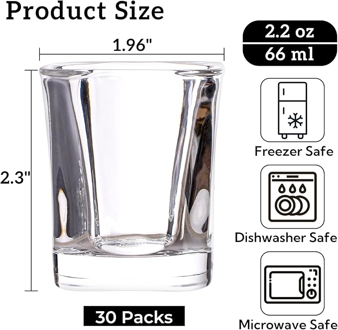30 Pack Heavy Base Shot Glasses Set, 2.2 oz Clear Whiskey Glasses, Square Shot Glass Bulk, Small Thick Glass Cups for Vodka Tequila Espresso Liquor, Ideal Supplies for Bar Party