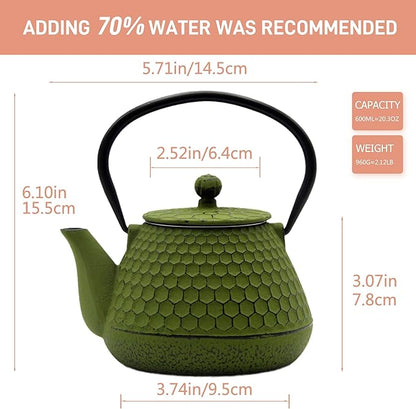 20.3oz Cast Iron Teapot, Small Tea Kettle for Stovetop Safe With Enameled Interior, Stainless Steel Infuser for Loose Tea (Green Honeycomb Pattern)