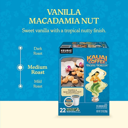 Kauai Coffee K-Cup Pods for Keurig Brewers – Arabica Coffee, 10% Hawaiian – Medium Roast, Vanilla Beans with Toasted Macabamia Nuts – Vanilla Macadamia Nut, 1 Pack of 22 Single Serve K-Cups