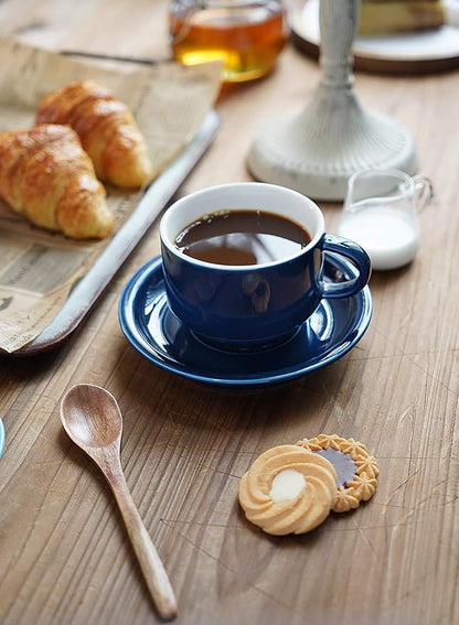 Sweese 8 Ounce Porcelain Stackable Cappuccino Cups with Saucers and Metal Stand - for Specialty Coffee Drinks, Cappuccino, Latte, Americano and Tea - Set of 4, Navy