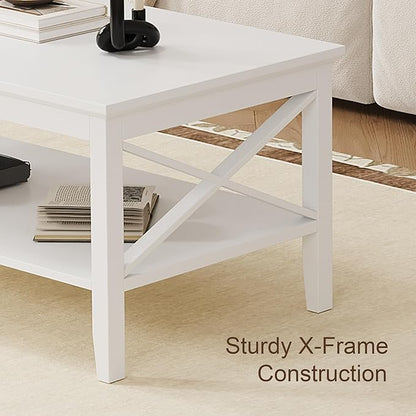 ChooChoo White Coffee Table Classic X Design for Living Room, Rectangular Modern Cocktail Table with Storage Shelf, 39 Inch