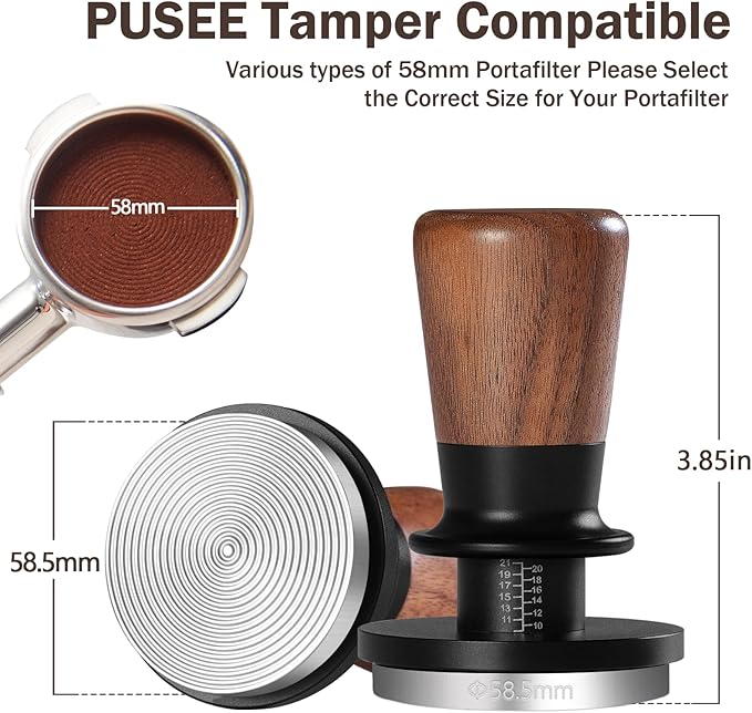 PUSEE 58mm Espresso Tamper, Calibrated Tamper with 30lbs Double Spring Loaded Tamper Walnut Wood Coffee Tamper for Barista Home,Stainless Steel Base Tamper Espresso Tool Fits 58 Portafilters