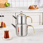 Load image into Gallery viewer, Karaca New Mira Turkish Tea Set for Stovetop, Induction Base Stainless Steel Tea Maker (1L Teapot &amp; 2L Tea Kettle), Dishwasher Safe, Non-Burning Gold Handles Samovar Style
