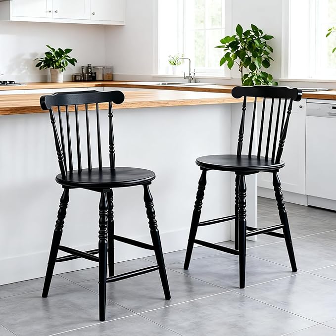 chairus 24" Black Windsor Counter Height Bar Stools Set of 2, Farmhouse Wooden Counter Stools with Spindle Back & Turned Legs, Rustic Vintage Colonial Bar Chairs for Kitchen Island