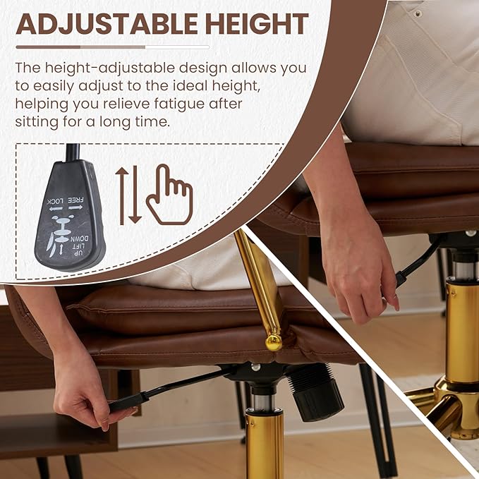MOJAY Mid-Back Ergonomic Leather Office Desk Chair, Modern Upholstered Computer Chair, Executive Office Chair with Arms, Swivel Adjustable Rolling Chair with Gold Base (Brown)