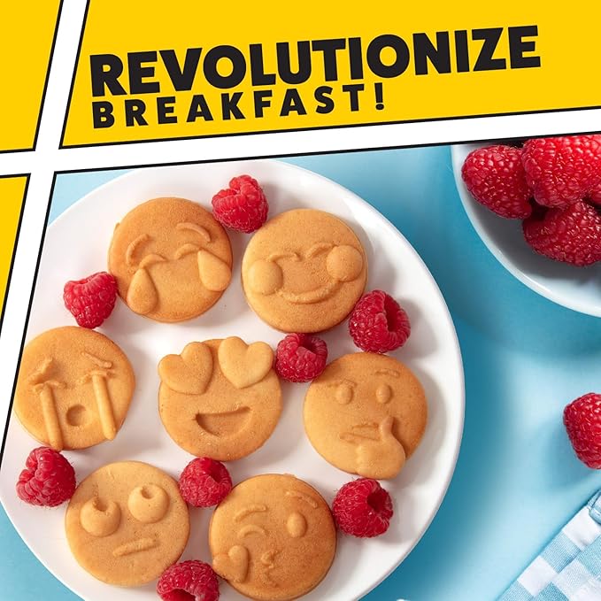 Mini Emojis Waffle Maker for Special Breakfast- Make 7 Unique Smiley Face Waffles Pancakes- Electric Non Stick Iron Feat Kiss Face Heart Eyes & Smile with Recipes, Gift for Her Kids- Licensed by Emoji