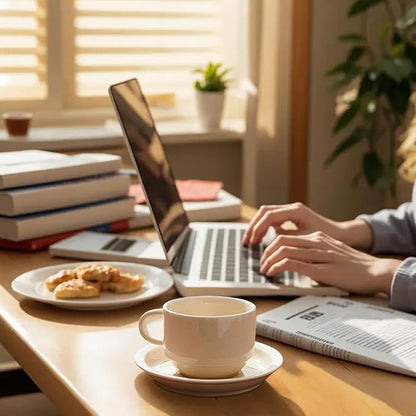 Sweese 8oz Porcelain Cappuccino Cups Set with Saucers, Metal Stand - Stackable, Durable for Coffee, Latte, Tea - Beige, 4 Pack