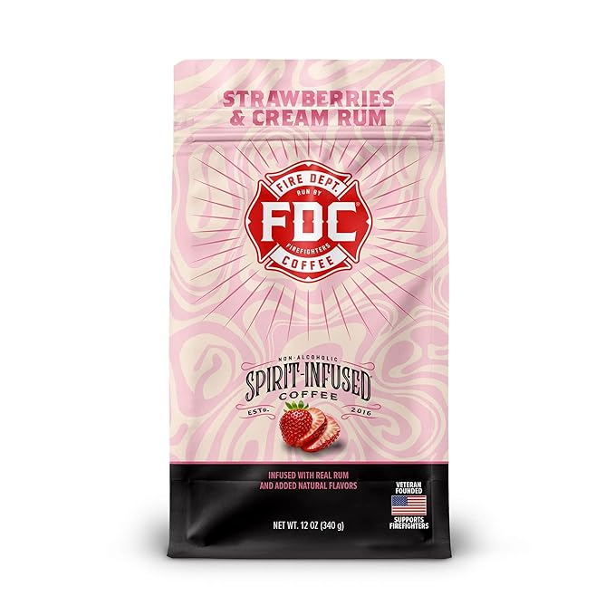 Fire Department Coffee - Gives Back to Firefighters - Strawberries & Cream Rum Infused Ground Coffee - Medium Roast - Non-Alcoholic - Roasted in the USA - Veteran Owned - 12 oz