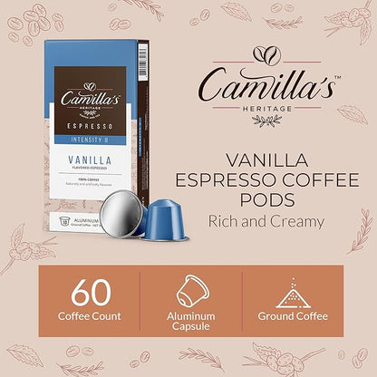 Camilla’s Heritage - Intensity 8 Vanilla Flavored Espresso Coffee, Gourmet Espresso Cups, 60 Coffee Pods