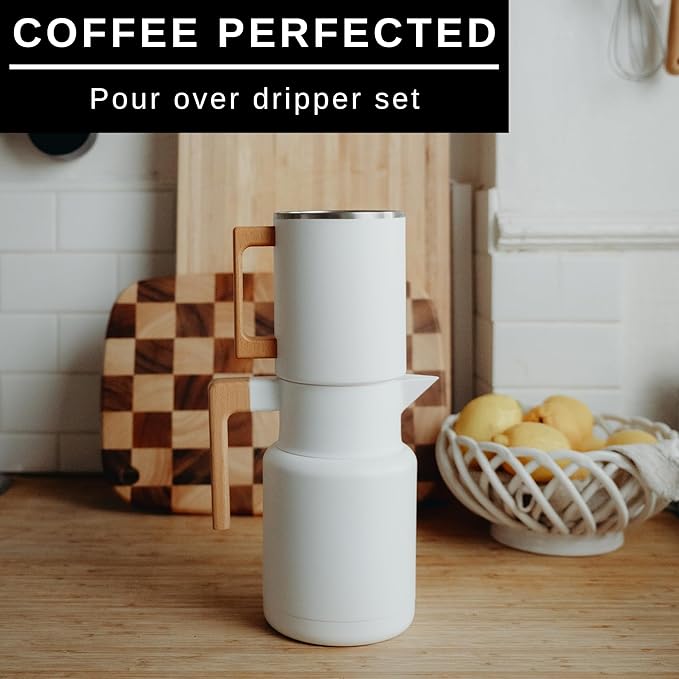 HASTINGS 50 Oz Pour Over Coffee Maker Set with Double Layer Reusable Stainless Steel Filter 8-Cup and Wood Handle - Dual Wall Heat Resistant Drip Coffee Brewer, Pour Over Coffee Dripper Carafe, White