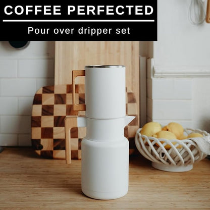 HASTINGS 50 Oz Pour Over Coffee Maker Set with Double Layer Reusable Stainless Steel Filter 8-Cup and Wood Handle - Dual Wall Heat Resistant Drip Coffee Brewer, Pour Over Coffee Dripper Carafe, White