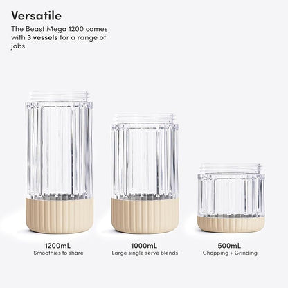 Beast Mega 1200 Plus | Premium Countertop Blender | Smoothies, Shakes, Sauces, Dips, Soups | Blends Ice and Frozen Fruit | XL Vessel | With Extra Vessels, Straw System | 1200W | (Sand, 120V)