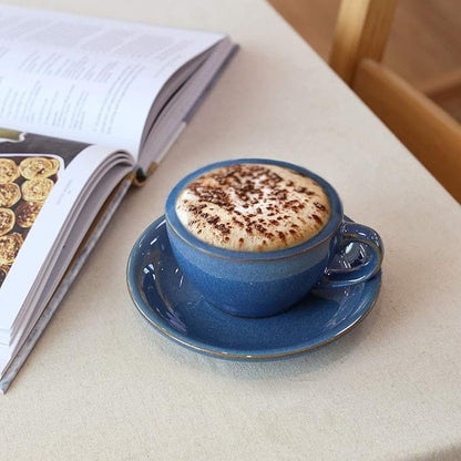 LE TAUCI 6 oz Cappuccino Cups with Saucers, Ceramic Coffee Cup for Au Lait, Double shot, Latte, Cafe Mocha, Tea - Set of 4, Ceylon Blue