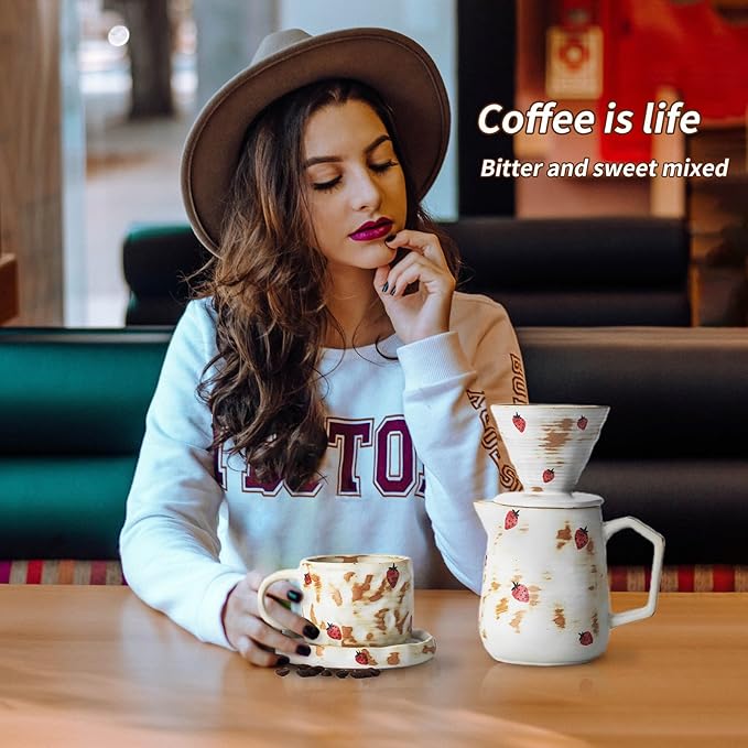 Handcrafted Pour Over Coffee Maker Set with Coffee Cup with Strawberry Pattern 20 Count Paper Filter V60 Drip Coffee Maker 20 oz Coffee Dripper (Strawberry)