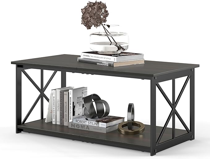 Rectangle Coffee Table for Living Room, Wood Rustic Coffee Table with 2 Tier and Metal Frame, Industrial Modern Center Table, Dark Brown