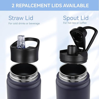 HASLE OUTFITTERS Insulated Water Bottle 22 oz Double Wall Stainless Steel Water Bottle Wide Mouth with Straw Lid & Spout Lid Keeps Cold or Hot(Navy,1)