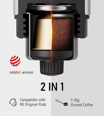 STARESSO Classic Portable Espresso Maker, 2 IN 1 Travel Coffee Maker Compatible Ground Coffee & NS Original Pods, Espresso Machine with Stainless Steel Chamber for Travel Camping, Manually Operated