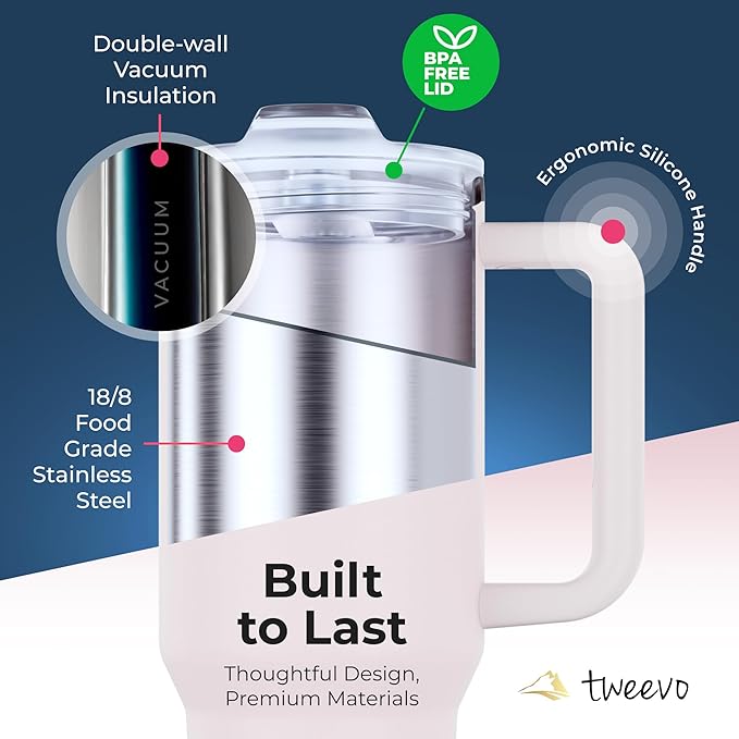 40 oz Tumbler With Handle and Straw Made of Stainless Steel - Double Wall Vacuum Insulated Tumbler With Lid - Sweat Proof Easy Grip, BPA-Free, Dishwasher Safe Tumbler (Rose Quartz)