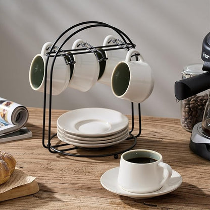 SIDUCAL Espresso Cup Set of 6 [4 oz] Stackable Ceramic Cappuccino Cup with Saucers and Cup Holder,Microwave/Dishwasher Safe,Espresso Demitasse Cups(Green)