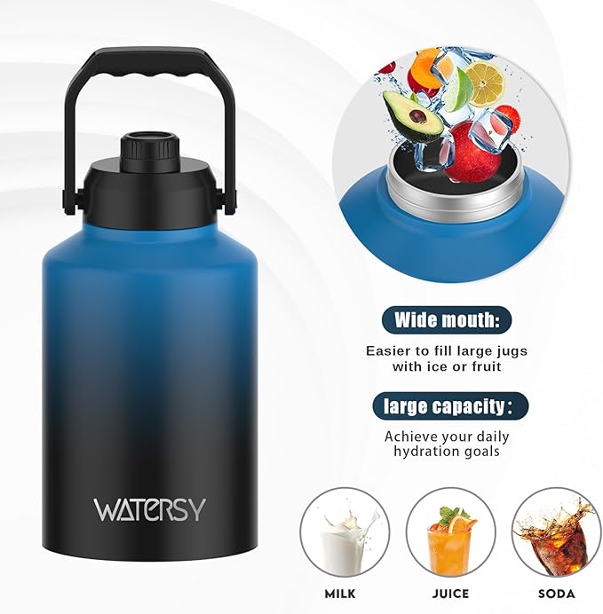 Half Gallon Water Bottle Insulated(Cold for 48 Hrs),BPA Free&Leak Proof,64oz Stainless Steel Water Jug/Flask,Big thermo,Large Water Bottle with Handle for Gym,Hiking,Camping,Gradient Blue