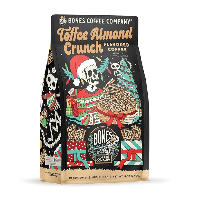 Bones Coffee Company Toffee Almond Crunch, Toffee Almond Flavored Coffee, Medium Roast Low Acid Arabica Beans Compatible with Auto drip and French Press Coffee Maker, 12 Oz Whole Bean