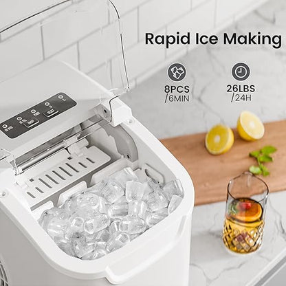 Kismile Ice Makers Countertop with Handle,8 Cubes in 6 Mins,Portable Ice Maker Machine with Self-Cleaning for Home/Office(White)