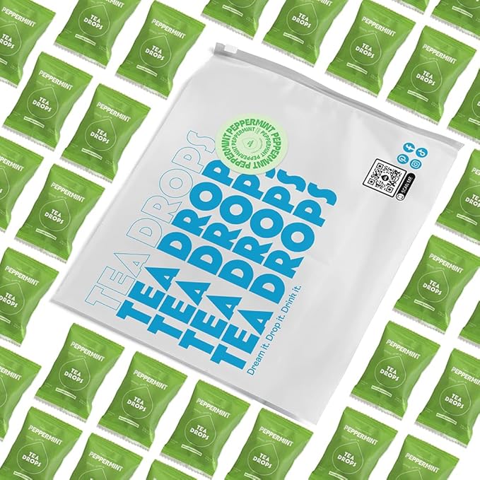 Tea Drops 30 Bulk Pack Organic Peppermint Bagless Tea - Loose Leaf, Lightly Sweetened, On-The-Go. Plastic-Free - Iced or Hot Tea