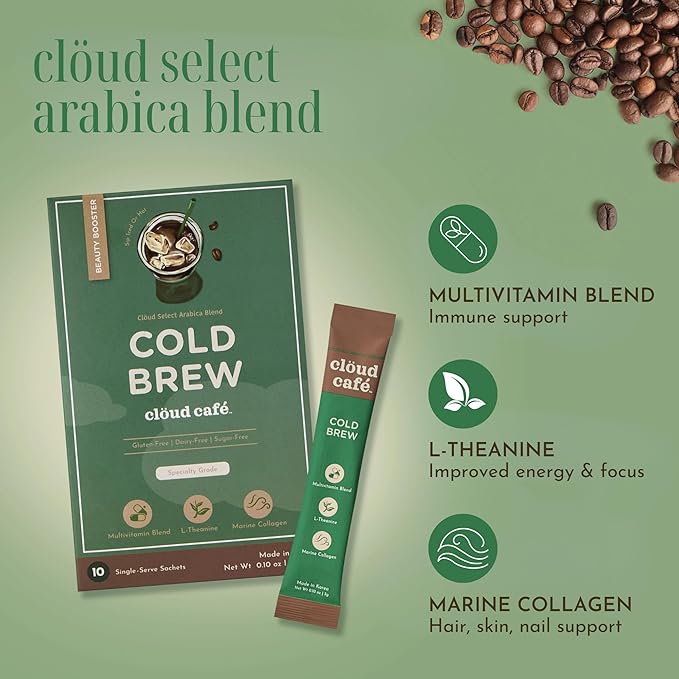 Clöud Café Collagen Infused Cold Brew Instant Coffee Packets - Multivitamin Powder, L-Theanine Amino Acids, & Marine Collagen Single Serve Instant Coffee Powder (10 Sachets)