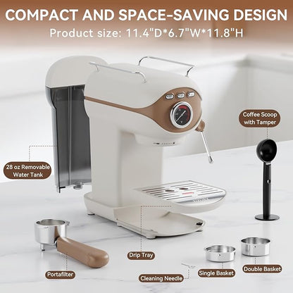 Espresso Machine, 20 BAR Pump Temperature Control, Compact Espresso Maker with Steam Milk Frother, Professional Coffee Makers for Home, Cappuccino, Latte, Gifts for Coffee Lover, White