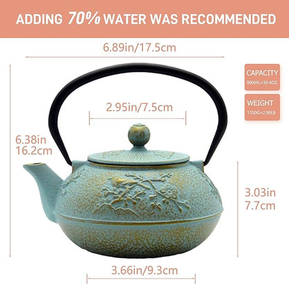 30.4oz Small Cast Iron Tea Kettle,SECHUDO Tea Pot Coated with Enameled Interior for Loose Tea, Cute Cast Iron Teapot with Stainless Steel Infuser for Stovetop Safe (900ml)