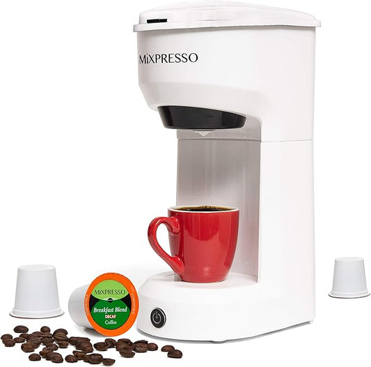 Mixpresso 2 in 1 Brewer Single Serve Coffee Maker for K Capsule and Ground Coffee, Single Cup Coffee Machine, Compact Size Mini Coffee Maker Quick Brew Technology 14oz White One Cup Coffee Brewer