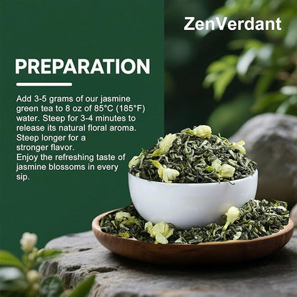 ZenVerdant Premium Jasmine Green Tea Loose Leaf, 12oz | 7x Scented, Low Caffeine, High Antioxidant | Cold Brew Ready, Smooth Taste, Natural Floral Notes