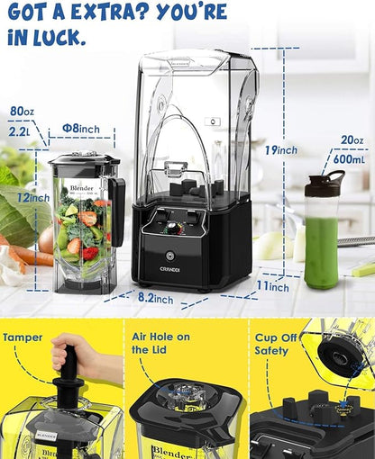 CRANDDI Commercial Quiet Blender, 2200 Watt Professional Countertop Blender with BPA-FREE 80oz Pitcher, Built-in Pulse & 15-speeds Control, Smoothie Blender for Commercial and Home, K90 Black