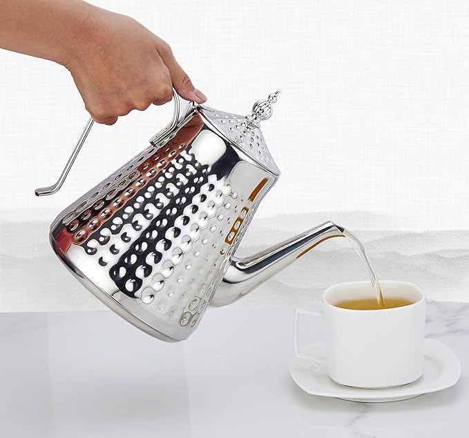SANQIAHOME 1.6L(54oz) Stainless Steel Hammer Patterned Teapot With Removeable Infuser,Loose leaf cover,Silver