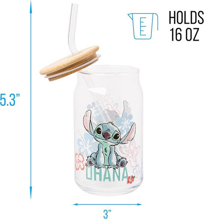 Silver Buffalo Disney Lilo and Stitch Ohana Floral Glass Jar Tumbler with Bamboo Lid and Glass Straw, 16 Ounces