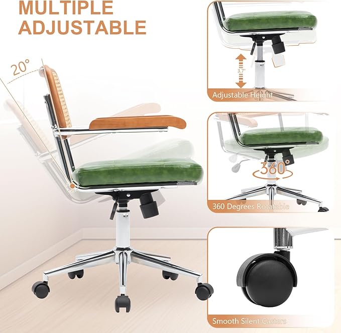 Rattan Office Chairs, Modern Rattan Desk Chair with Natural Back & Wood Armrest, Small Upholstered Tufted Leather Home Office Desk Chairs for Home Office, Bedroom, Study, Green