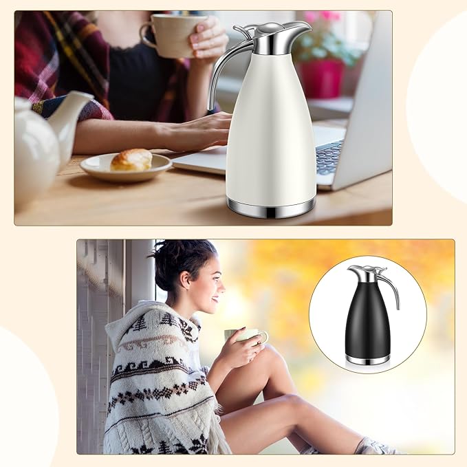 Uiifan 2 Pcs 68 oz Thermal Coffee Carafe Insulated Stainless Steel Coffee Carafe for Hot Liquids Vacuum Thermal Pot Creamer Dispenser with Brushes Keeping Hot Tea Milk Water(Black, White)