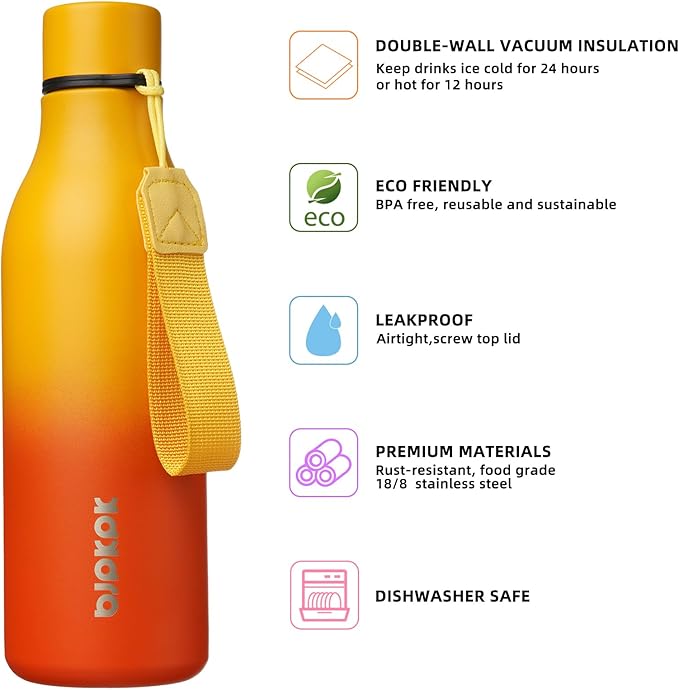 BJPKPK Insulated Water Bottles, 18 oz Stainless Steel Metal Water Bottle with Strap, BPA Free Leak Proof Jugs, Mugs, Flasks, Reusable Thermal Flasks for Sports & Travel, Sunset Orange