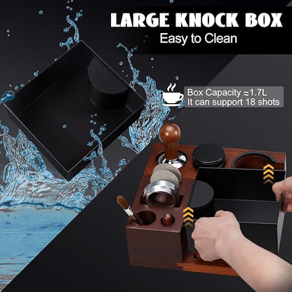 Espresso Knock Box, Walnut Tamping Station, 9 in 1 Coffee Organizer Box Fit for 51mm 54mm 58mm, Coffee Distributor & Portafilter, Espresso Accessories Kit