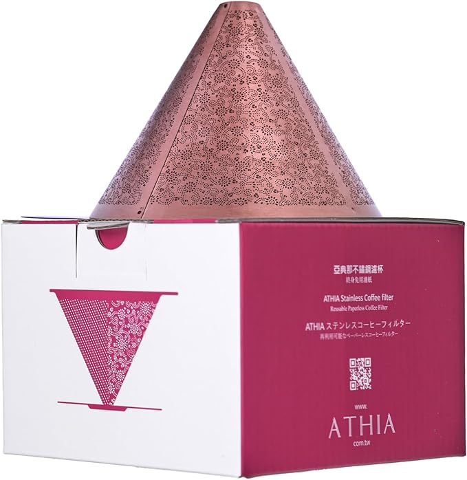 ATHIA Golden Reusable Stainless Steel Pour Over Coffee Dripper, Laser-etched Double mesh Cone Filter, Paperless, Eco-friendly, Fits Hario, Chemex, carafes & Most Coffee Makers (Rose Golden, Cone)