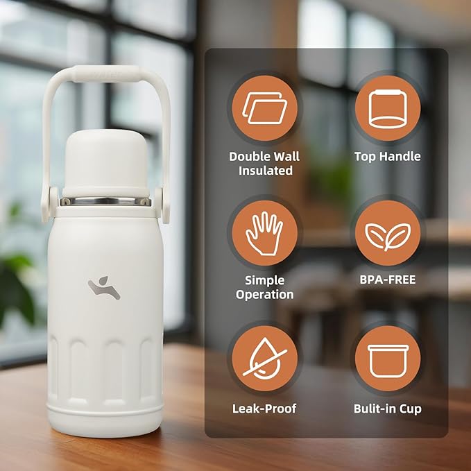 Insulated Water Bottle with Handle and Strap,Vacuum Travel Tumbler with Cup Lid,Thermo Coffee Cup for Hot Cold Drinks 27 OZ,Beige