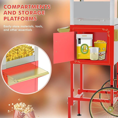 Commercial Popcorn Machine with Cart, Wheels & 20 Oz Kettle,Popcorn Popper Machine Vintage Style Movie Theater Popcorn Maker Machine for Parties, Events, Commercial, and Home Theater