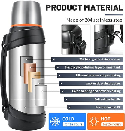 Large Thermosflask- 85oz Stainless Steel Insulated Bottle for Travel with BPA Free Cup - 2.5L Oversized Vacuum Insulated Thermoses with Handle and Strap for Hot & Cold Drinks(Silver)